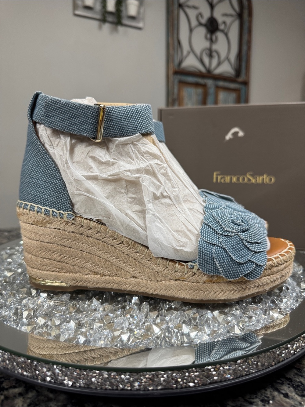 Franco Sarto clemens denim Blue Espadrille Wedge Sandals with Floral Toe NEW 9